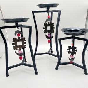 Decorative Black Metal Candle Holders with Red & Pink Accent Charms - Set of 3